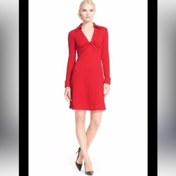 Diane Von Furstenberg | Women's DVF Cloud Twist Dress Red Wool Collared Mini | 4 - Picture 3 of 11